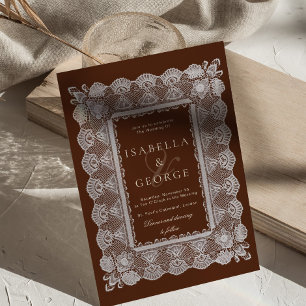 Lace Chocolate Brown Fancy Old Money Wedding Invitation