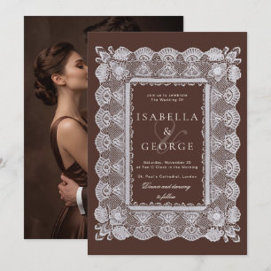 Lace Chocolate Brown Photo Old Money Wedding Invitation