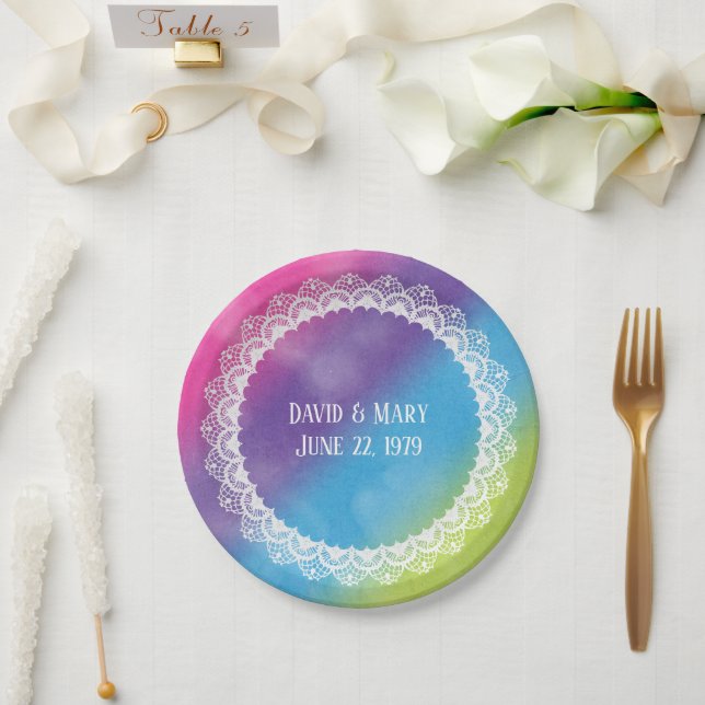 Lace Circle On Rainbow Watercolor Paper Plate (Wedding)