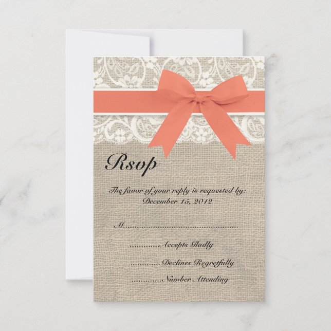 Lace & Coral Ribbon and Burlap Wedding RSVP Card (Front)