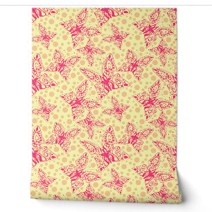 lace crimson butterflies on yellow polka dot wallpaper