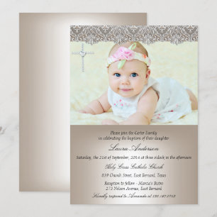 Lace Cross Baptême Christening Invitation