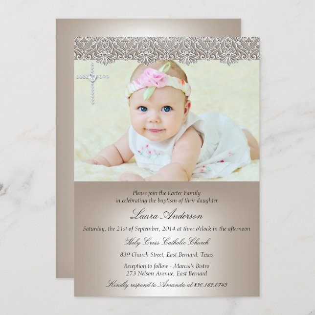 Lace Cross Baptism Christening Invitation (Front/Back)