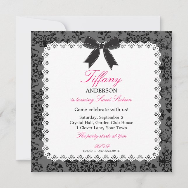 Lace & Damask with Black Bow Sweet 16 Birthday Invitation (Front)
