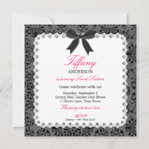 Lace & Damask with Black Bow Sweet 16 Birthday Invitation