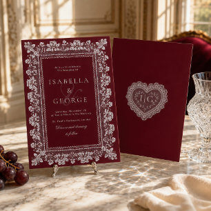 Lace Deep red Old Money Wedding Invitation