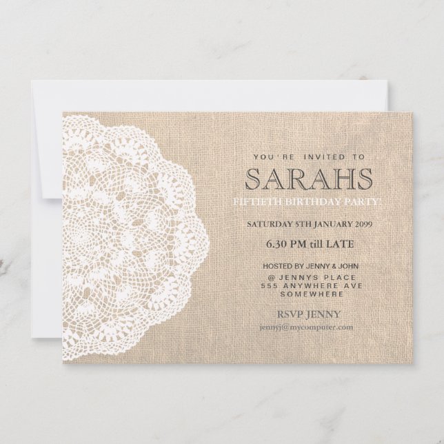 Lace Doily & Burlap 50th Birthday Party Invite (Front)
