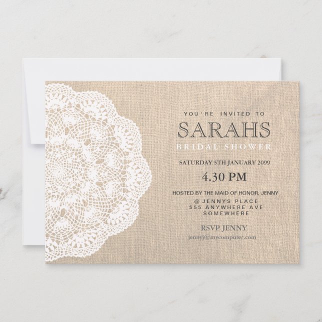 Lace Doily & Burlap Fête des mariées Invitation (Devant)