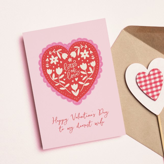 Lace Doily Heart Hand-Drawn Valentine's Day Holiday Card (Lace Doily Heart Valentine's Day card with "lots of love" message.)