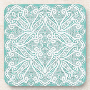 Lace doily look teal white vintage old fashioned coaster