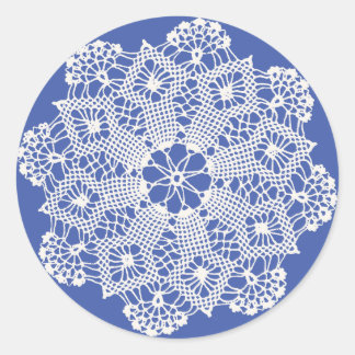 Lace Doily on Blue Classic Round Sticker