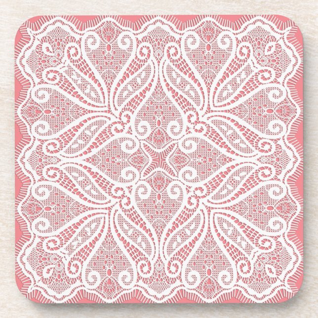 Lace doily pink white vintage old fashioned coaster (Front)