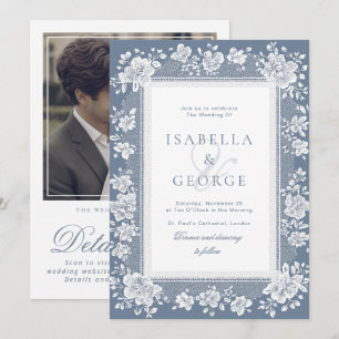 Lace Dusty Blue Lace Old Money QR Photo Wedding Invitation