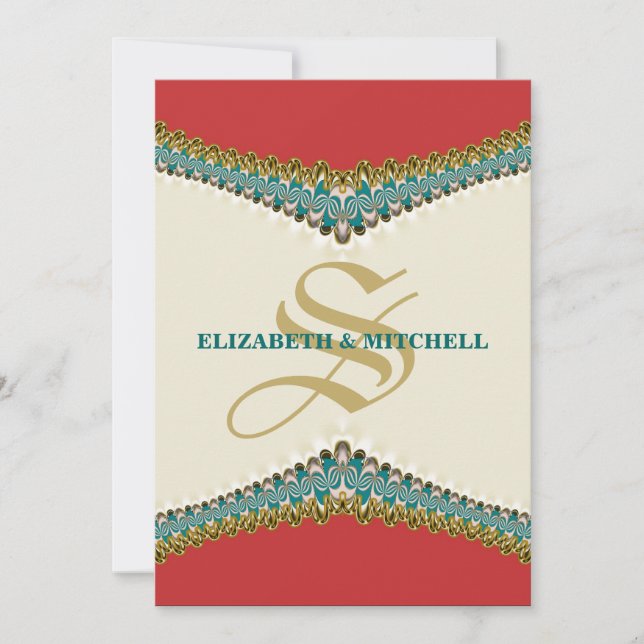 Lace Elegance : Red Teal Wedding Invitation (Front)