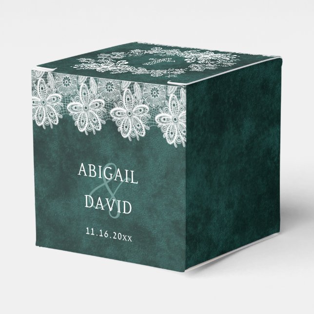 Lace Emerald Green Velvet Religious Wedding Cube Favor Box (Front Side)