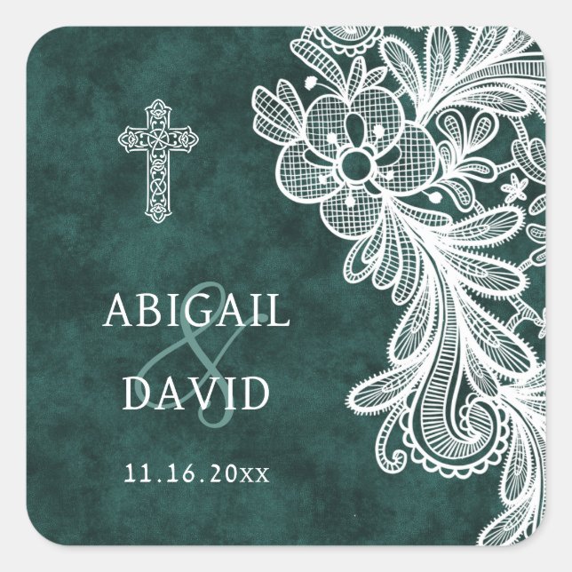Lace Emerald Green Velvet Religious Wedding Square Sticker (Front)