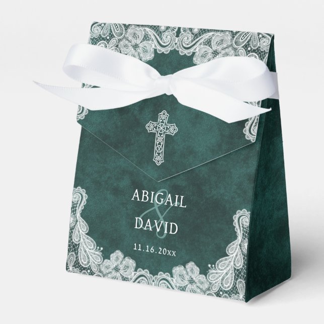 Lace Emerald Green Velvet Religious Wedding Tent Favor Box (Front Side)