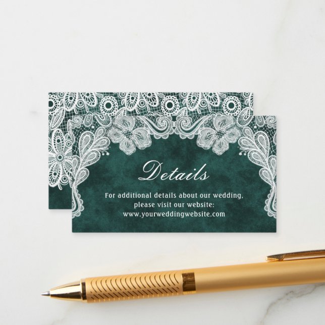 Lace Emerald Green Velvet Wedding Details Website Enclosure Card (Front/Back In Situ)