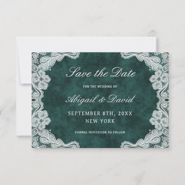 Lace Emerald Green Velvet Wedding Save The Date (Front)