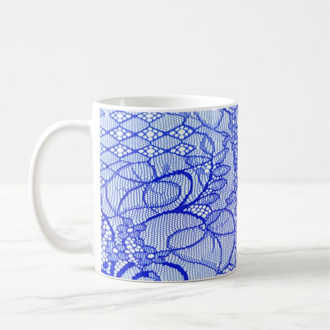 Lace fabric in blue. Royal Blue Couture Lace Patch Coffee Mug (Left)