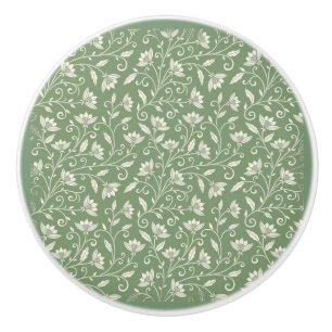 Lace Florals Cream on Pale Green Ceramic Tile Knob