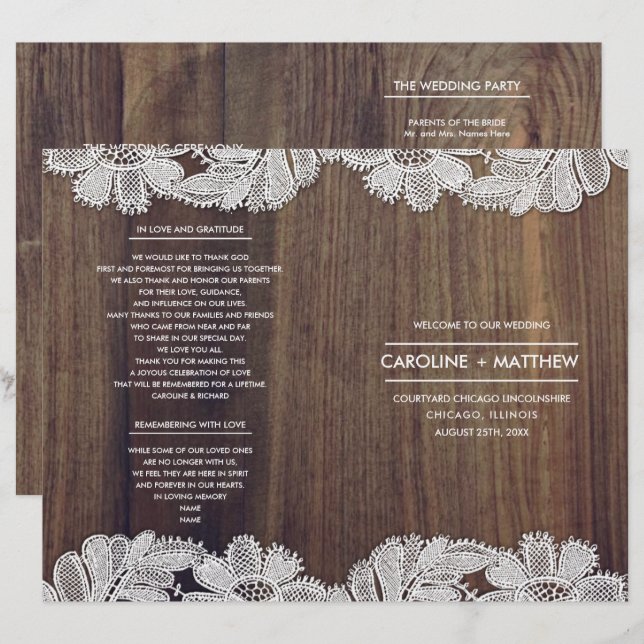 Lace Flowers | Barn Wood Folded Wedding Programs (Front/Back)