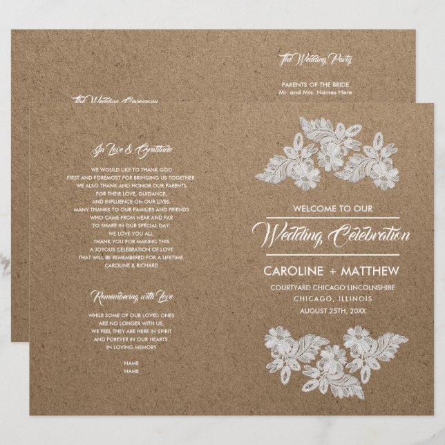 Lace Flowers | Kraft Paper Folded Wedding Programs (Front/Back)