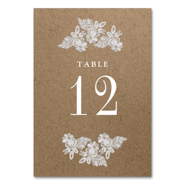 Lace Flowers | Kraft Paper Table Number Cards (Front)