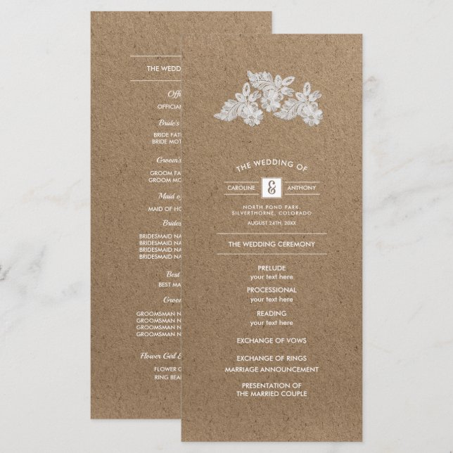 Lace Flowers | Kraft Paper Wedding Programs (Front/Back)