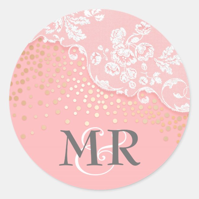 Lace Gold Confetti Glitz Pink Glamour Wedding Classic Round Sticker (Front)