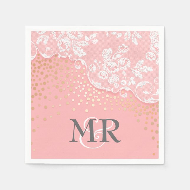 Lace Gold Confetti Pink Vintage Wedding Napkin (Front)