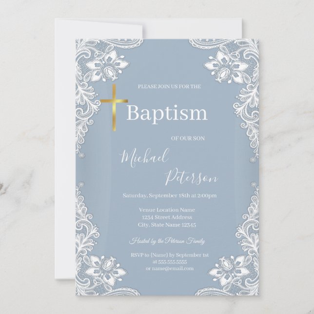 Lace Gold Cross Baptism Dusty Blue  Invitation (Front)