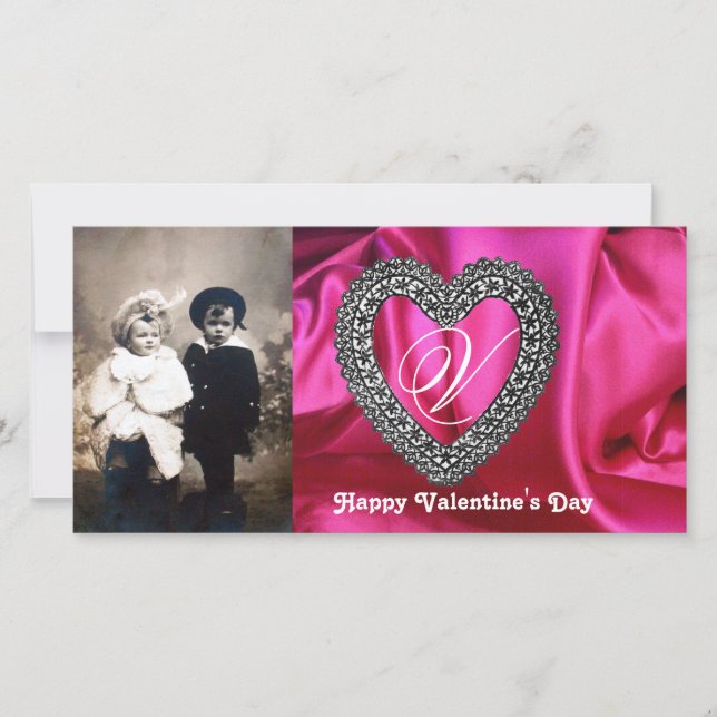 LACE HEART MONOGRAM SILK FUCHSIA CLOTH ,Pink Black Holiday Card (Front)