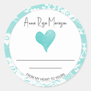 *~* Lace Homemade AP30 TEAL Heart Generic Classic Round Sticker