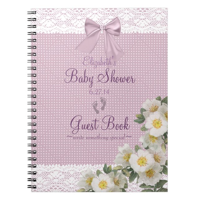 Lace Image Lavender Bow Baby Shower Guest Book- Notebook (Front)