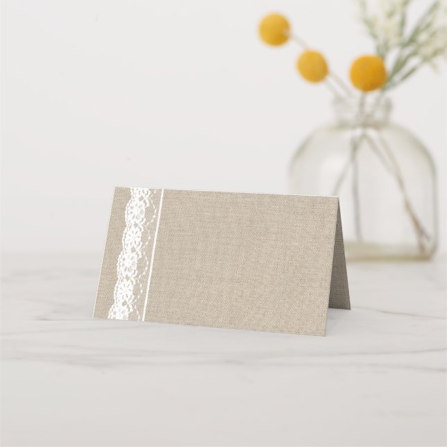 Lace in White on Burlap Folded Place Cards (Front)