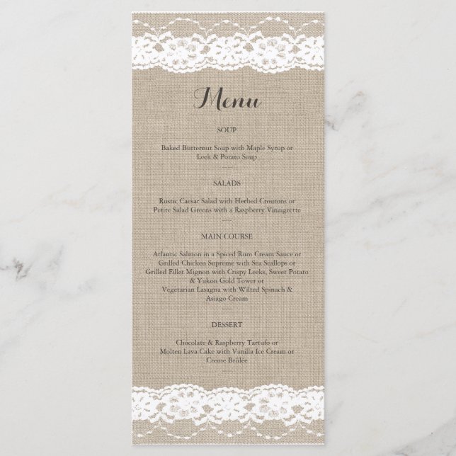 Lace in White on Burlap Menu (Front)