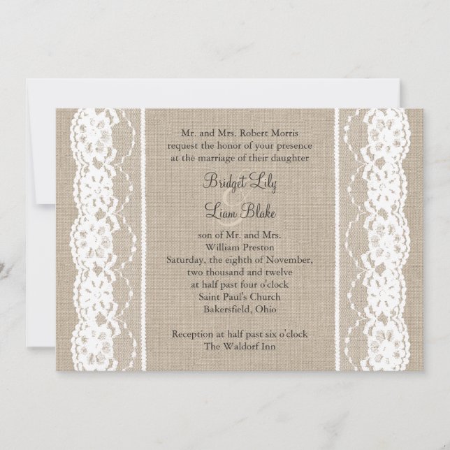 Lace in White on Burlap Wedding Invite (Front)