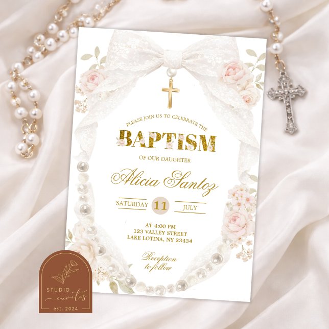 Lace Ivory Bow Pearl Baptism Invitation (Creator Uploaded)