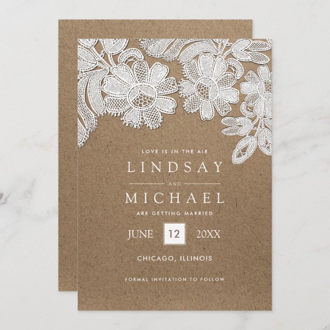 Lace | Kraft Paper Wedding Save the Date Cards (Front/Back)