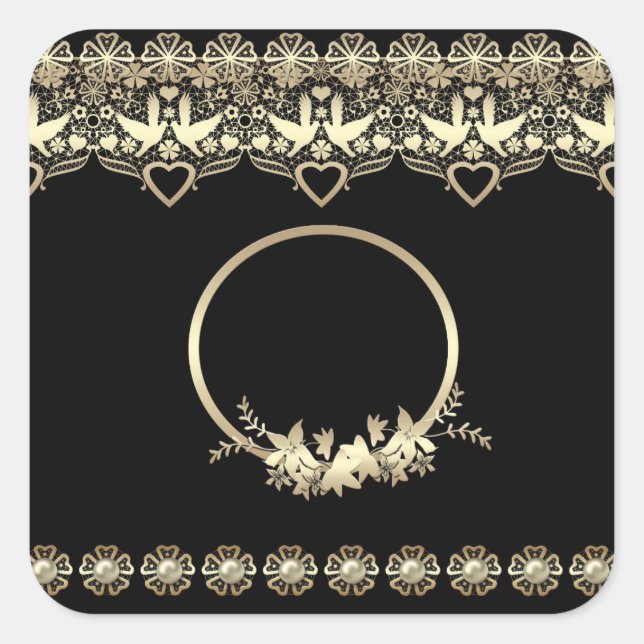 Lace lacy frame golden romantic customizable text square sticker (Front)