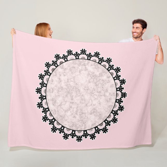 Lace lacy romantic frame round black pink marble fleece blanket (In Situ)