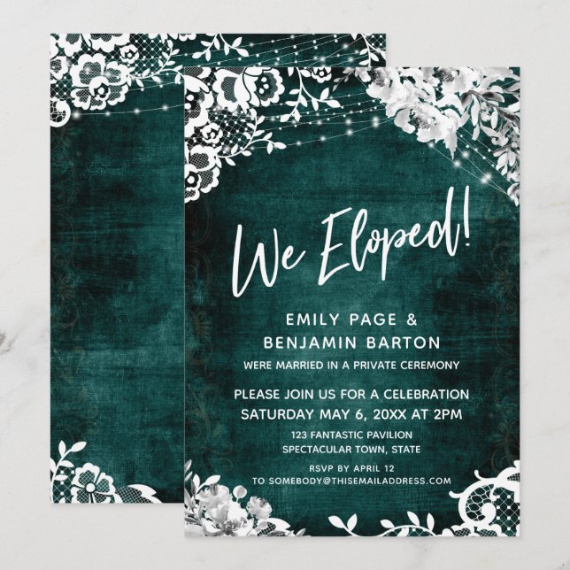 Lace, Lights & Floral over Grunge Teal We Eloped! Invitation (Front/Back)