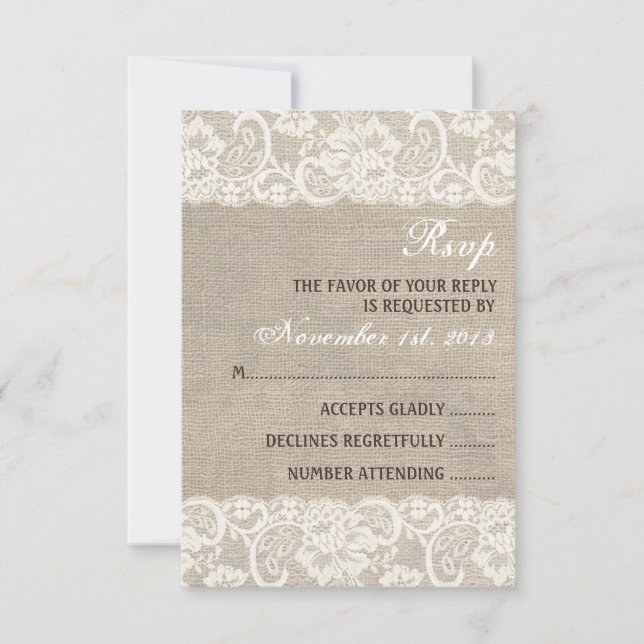 Lace Look Rustic Burlap Wedding RSVP Card (Front)