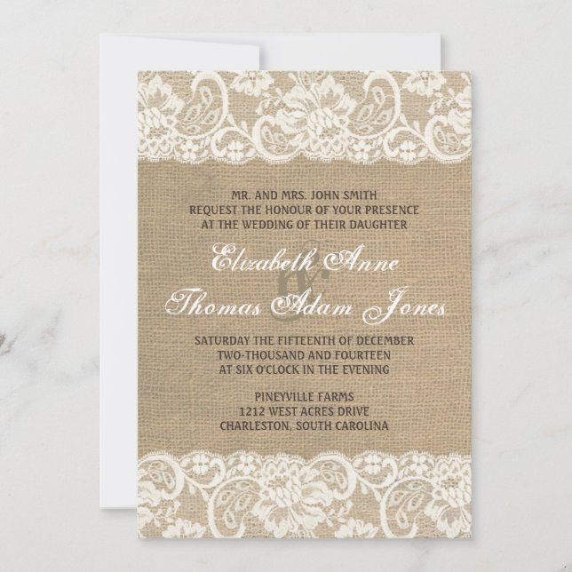 Lace Look Rustic WARM Burlap Wedding Invitation (Front)