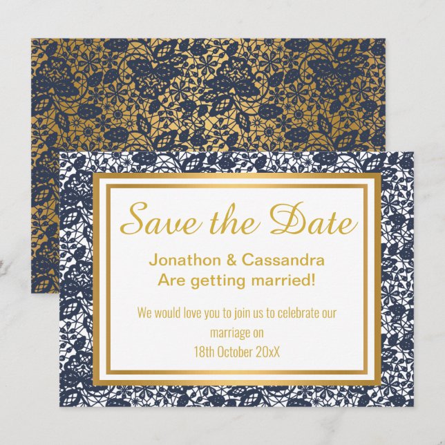 LACE LUXE NAVY GOLD SAVE THE DATE (Front/Back)