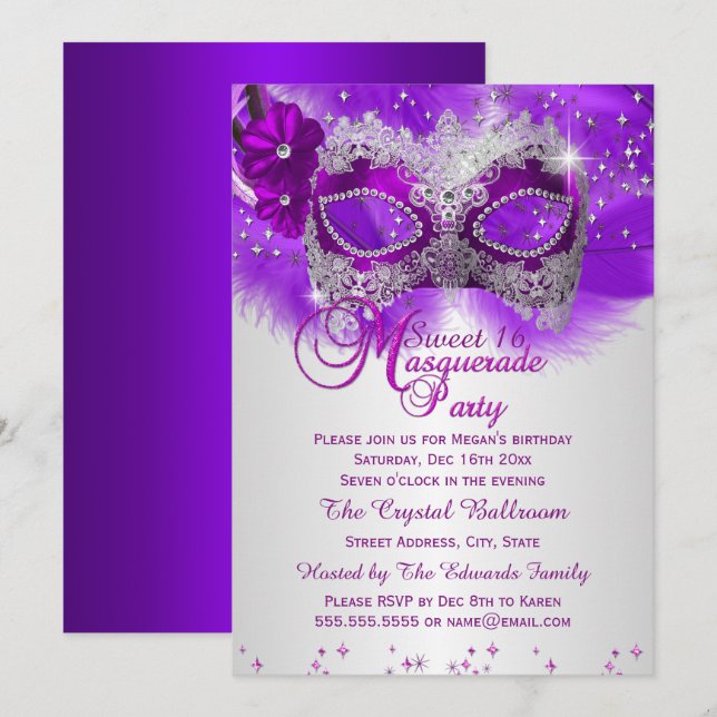 Lace Mask Purple Silver Masquerade Sweet 16 Invitation (Front/Back)