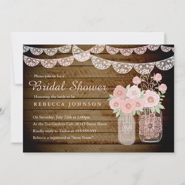 Lace Mason Jar Fête des mariées Invitation en bois (Devant)