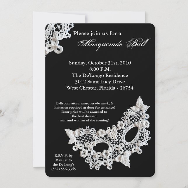 Lace Masquerade Ball Mask Costume Halloween Part Invitation (Front)