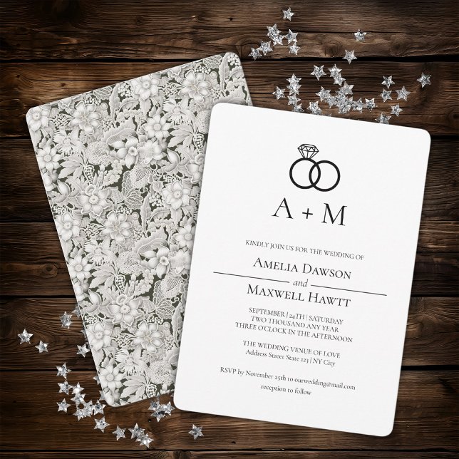 Lace Monogram Rings Simple Wedding Invitation  (Creator Uploaded)